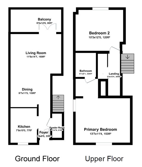 Floor plan for 2 beds, 1.5 baths, 1000 sqft